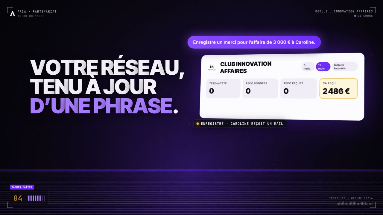 L'espace Club Innovation Affaires dans ARIA : enregistrer un merci pour l'affaire d'une phrase